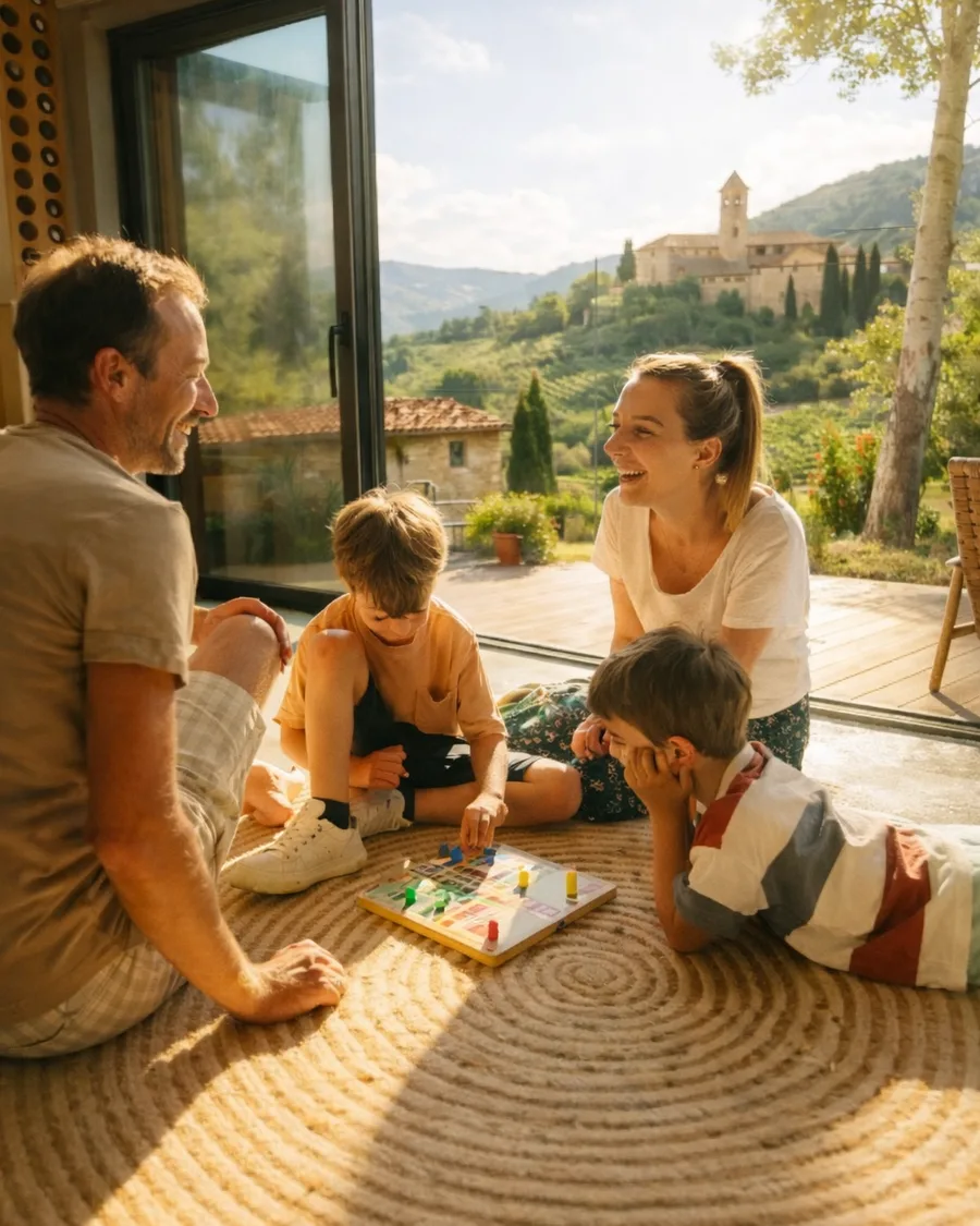 Una famiglia gioca sul tappeto di casa, davanti a una vetrata che dà sulla campagna