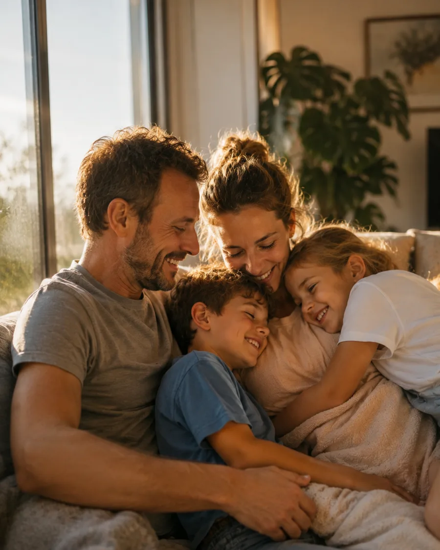 Genitori e due bambini abbracciati sul divano